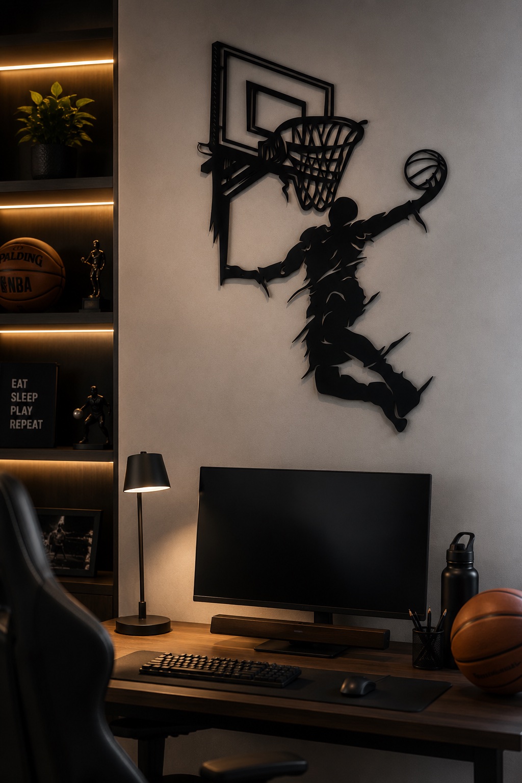 Černá kovová dekorace basketbalisty nad pracovním stolem